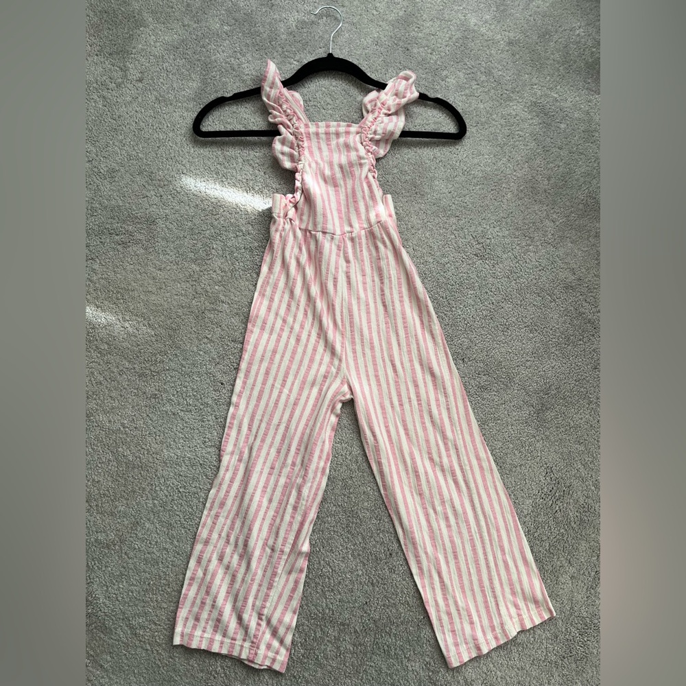 Zara Pink and White Striped Jumpsuit with Ruffled Straps kids size 6